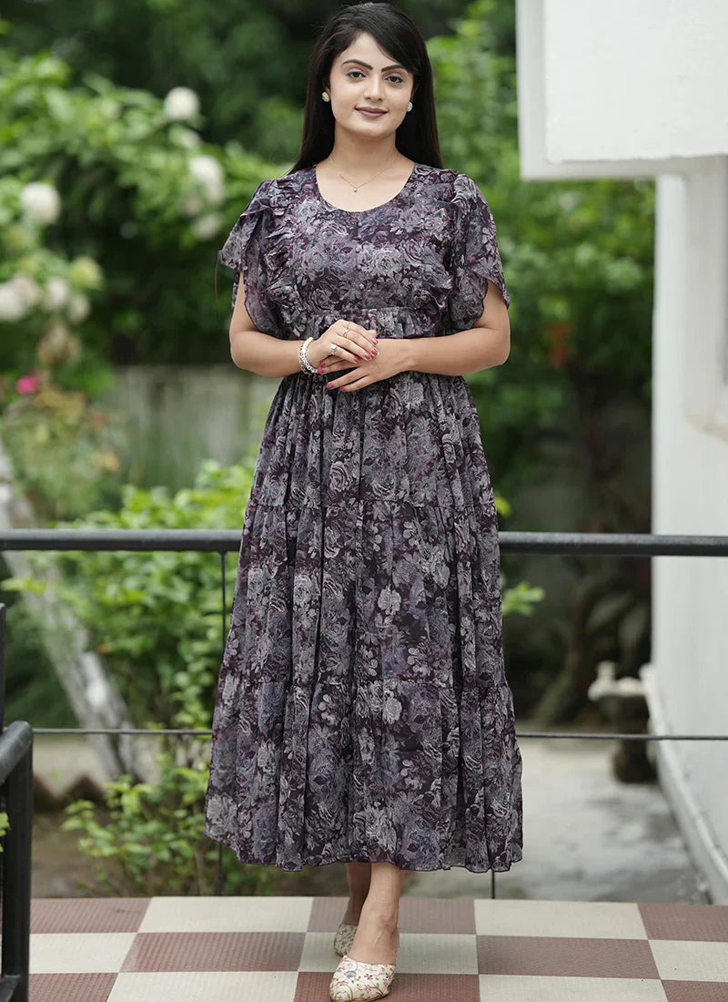 Blue Georgette Abstract Printed Festive Dress