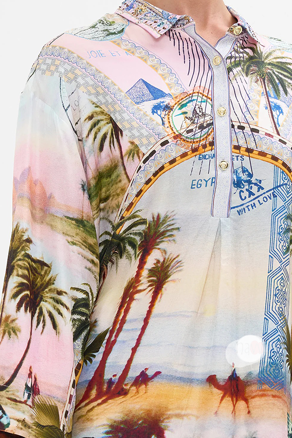 Resort Wear Palm Print Shirt Dress