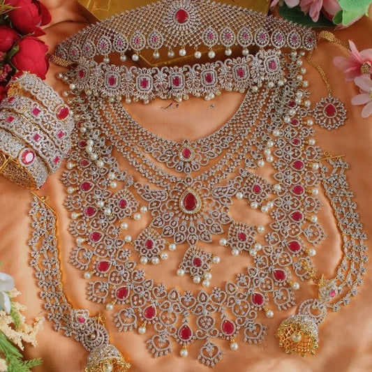 Super grand luxury diamond set  neckband with big earrings , tikka and diamond nath
