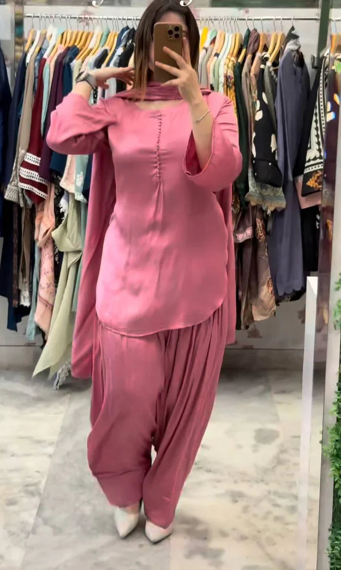 New Launching Natural Crep Silk Party Wear Look Top with Farshi Salwar And Natural Crep Silk Fancy border Dupatta