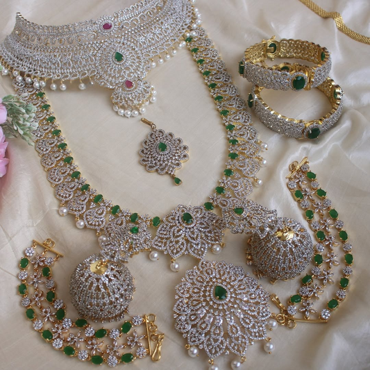 American Diamond  Neckpiece-Green With Kanga Jumka