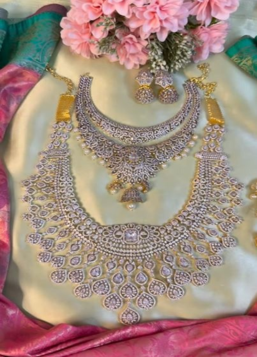 Diamond look statement necklace with Rose Gold stones. DM us for Combo
