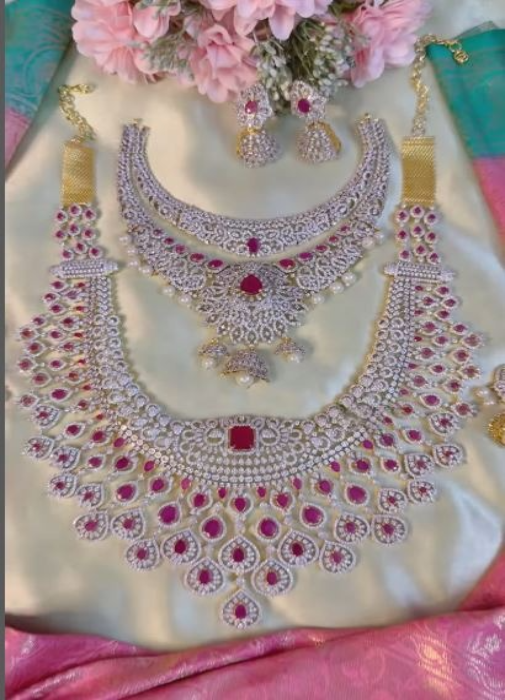 Diamond look statement necklace with Pink stones. DM us for Combo