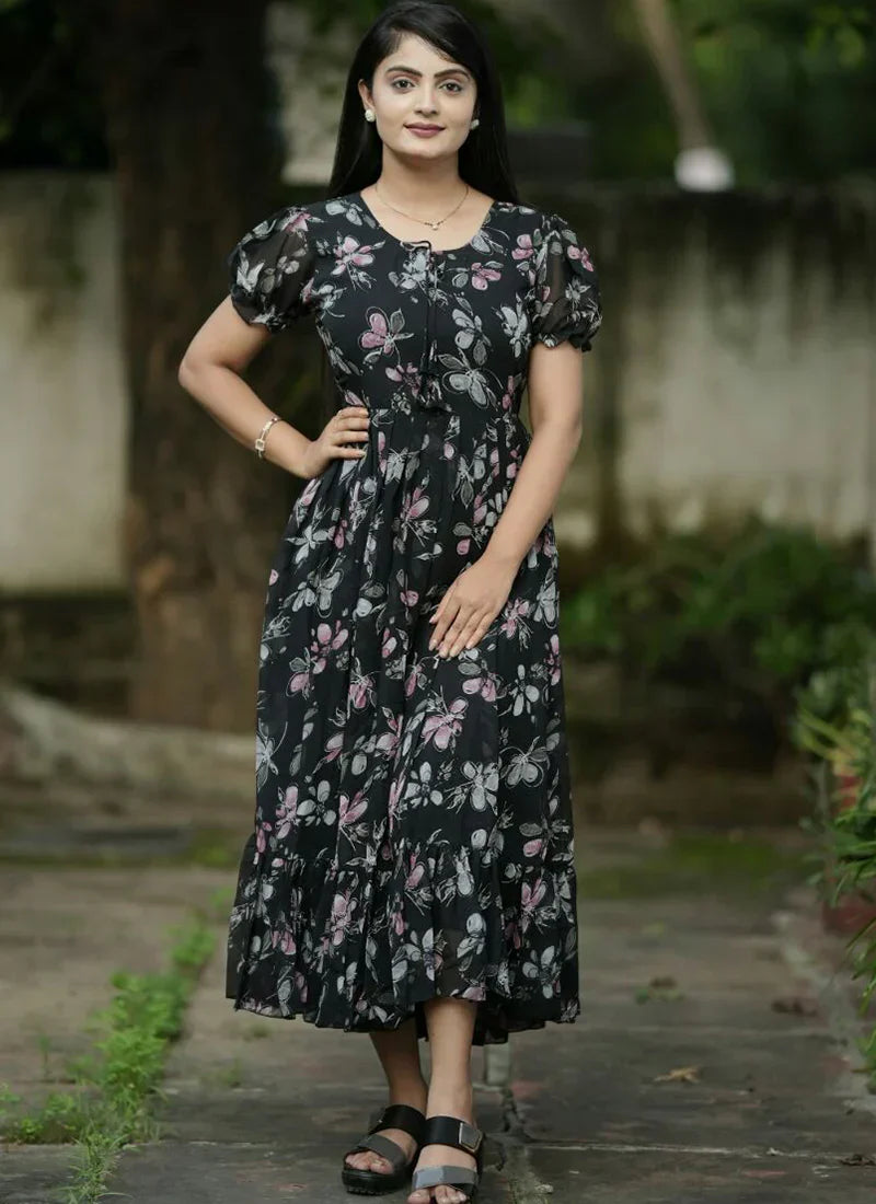 Amusing Royal Blue Floral Printed Georgette Maxi Dress