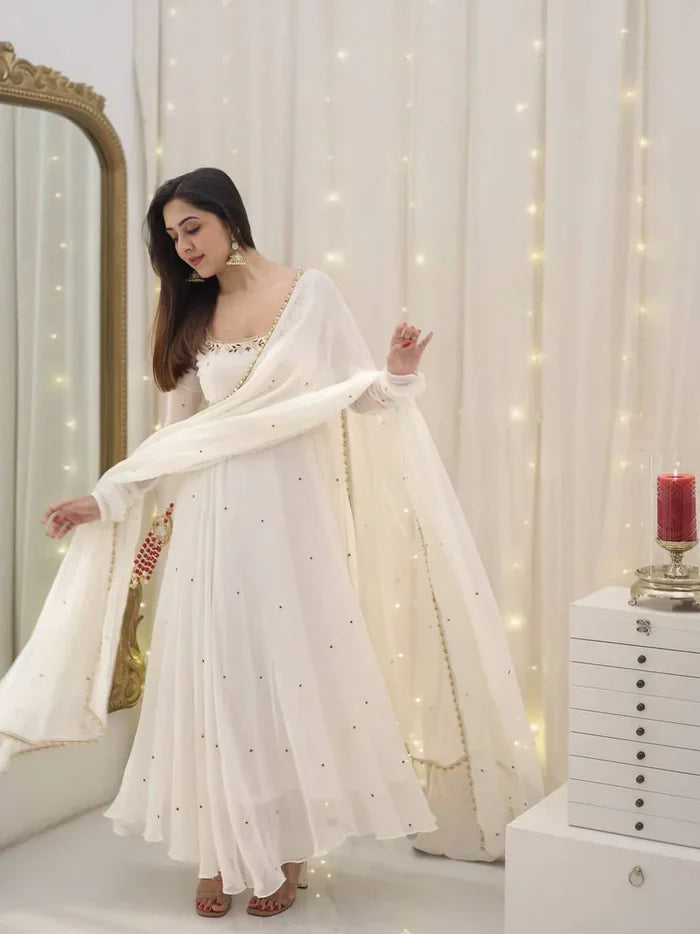 New Designer Collection In Faux Georgette With Embroidery Sequence Work Gown And Dupatta Set Fully Stitched Ready To Wear
