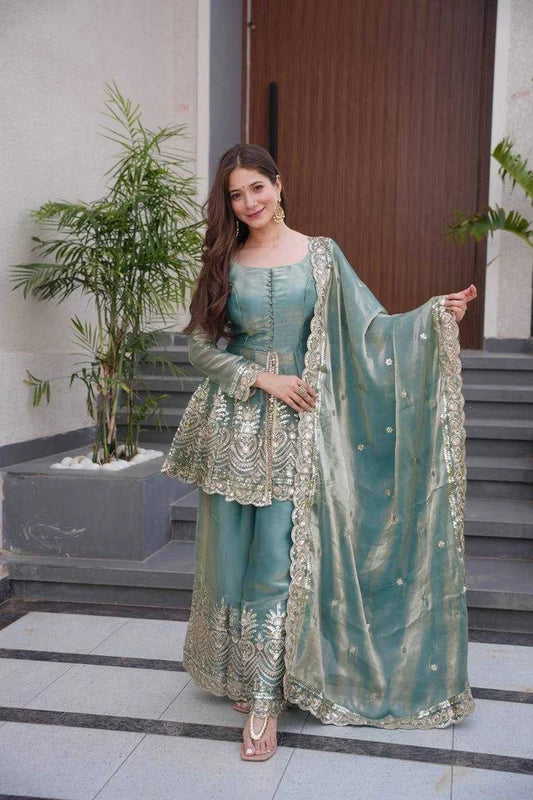 Designer Blue Silk Embroidered Peplum Short Anarkali Kurta Palazzo set with Dupatta 3 pc