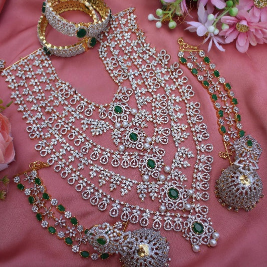 Bridal American Diamond 5 Layered Neckpiece-Green With Kanga Jumka
